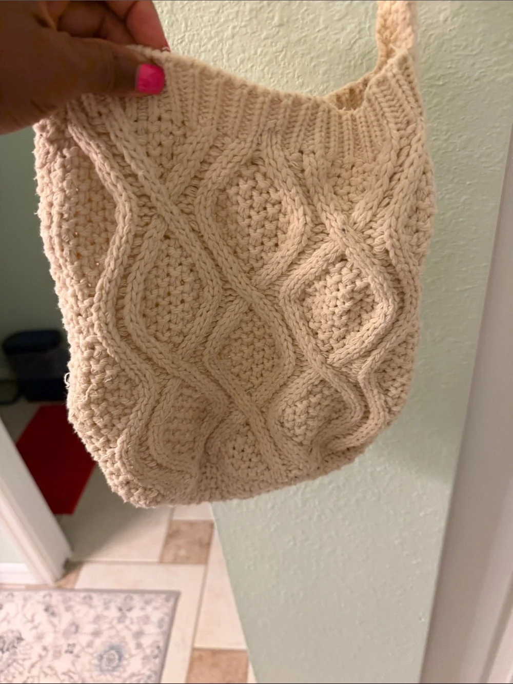 Cream Knit Shoulder Bag - Casual Crochet Sling